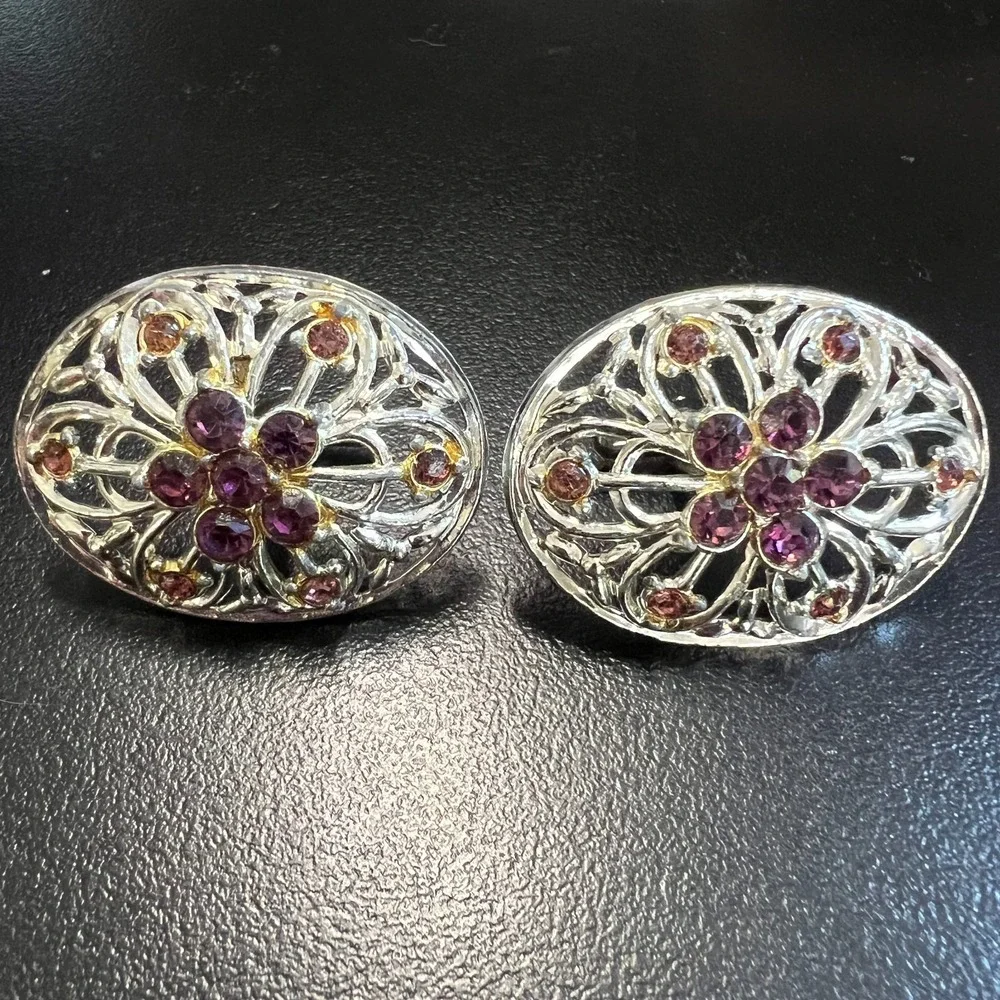 Vintage Silver Filigree Cufflinks Purple and Amber Rhinestones‎ Oval Statement